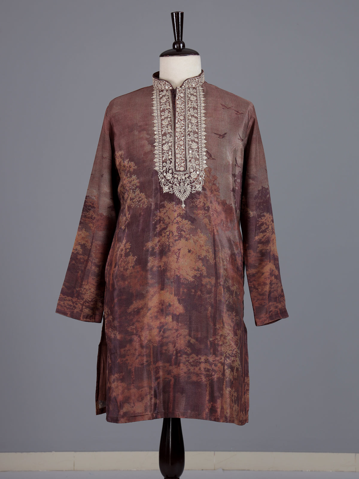 Brown art silk printed mens kurta pajama