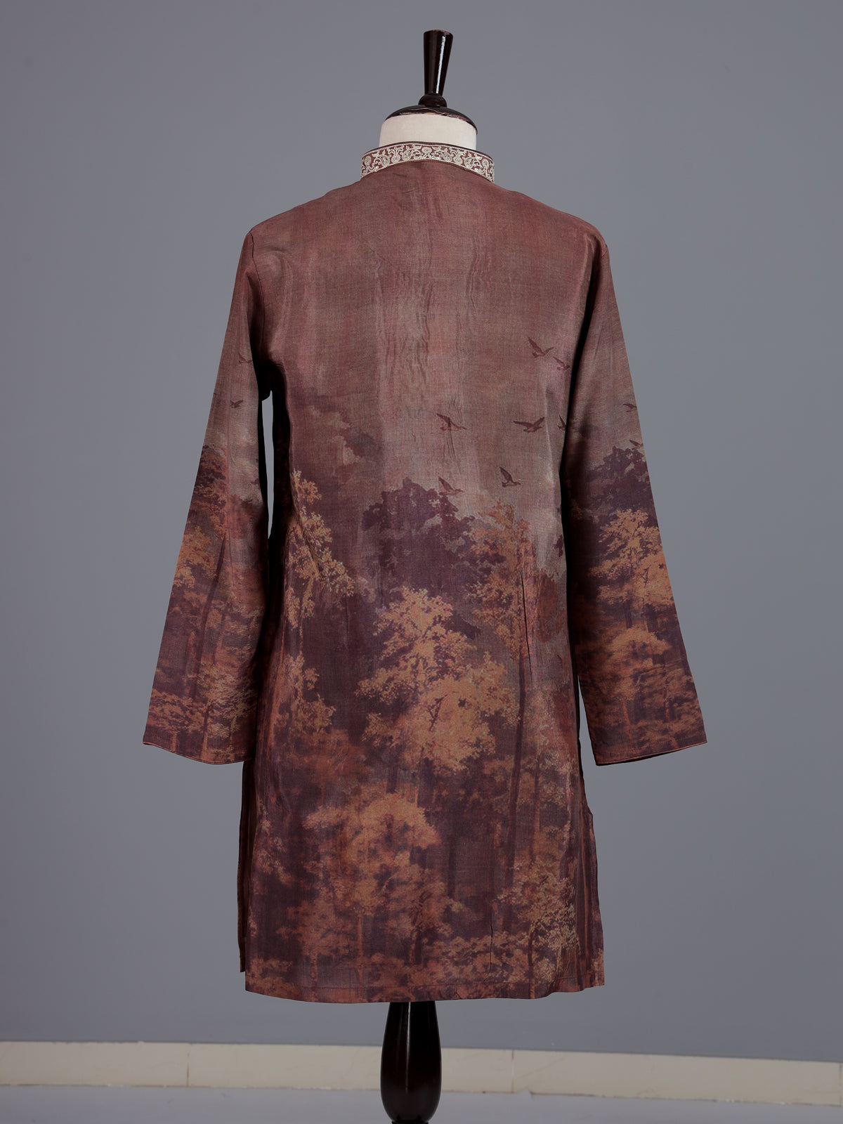 Brown art silk printed mens kurta pajama