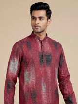 Maroon polyester viscose printed mens kurta pajama