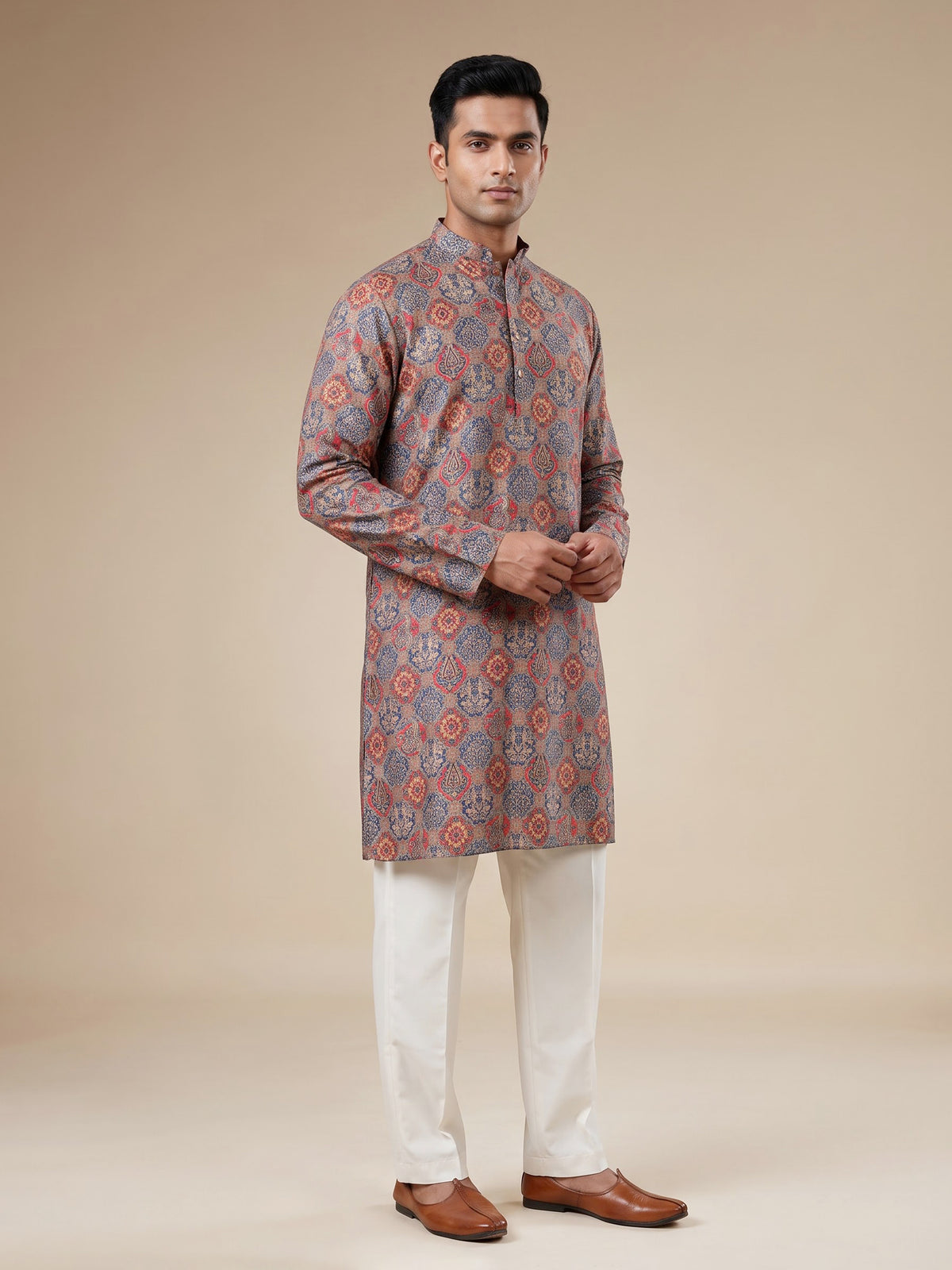 Multicolor shaded art silk printed mens kurta pajama