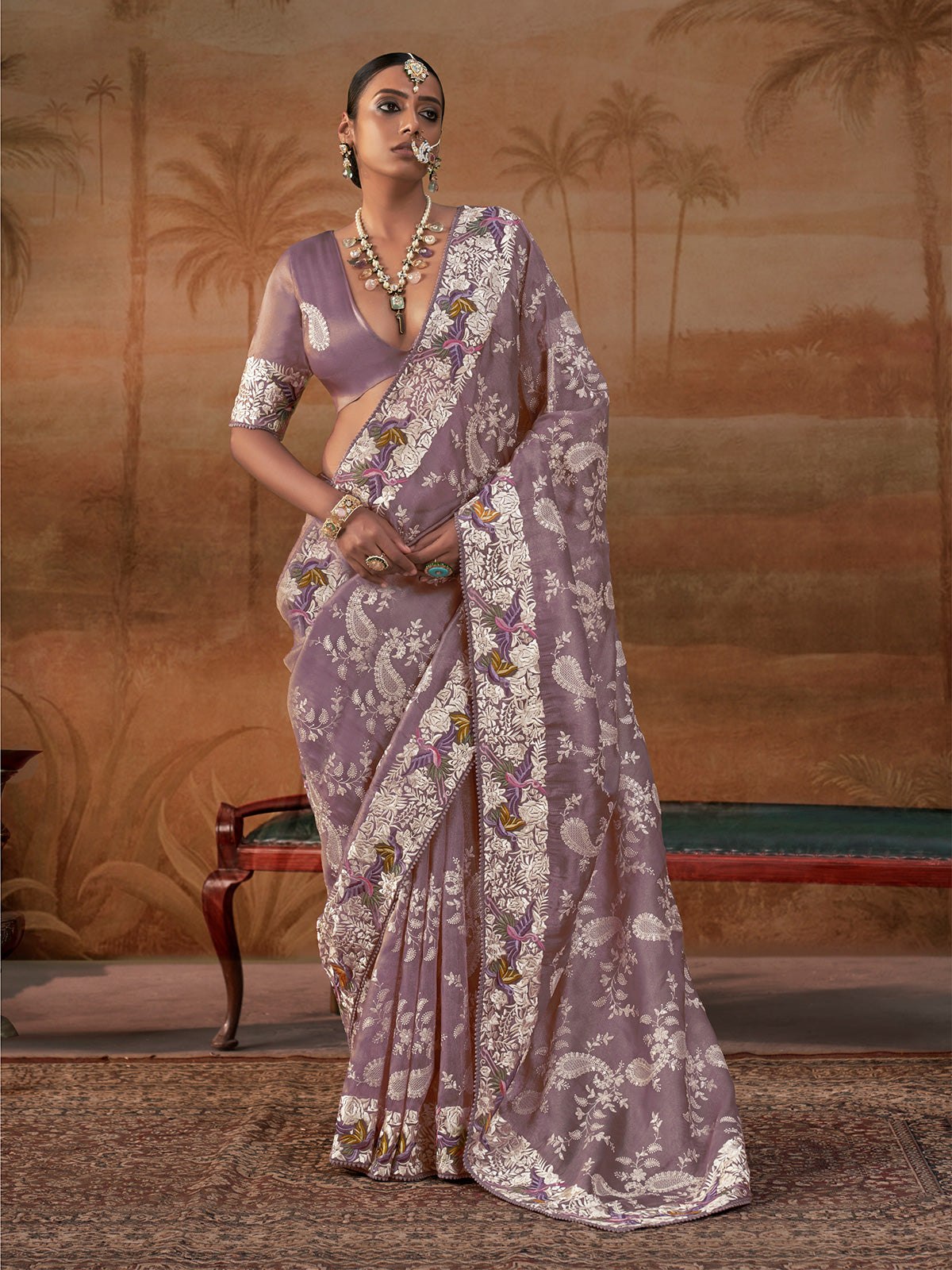 Dusty lilac purple handloom silk womens saree