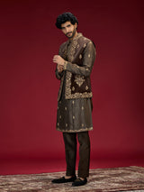 Rich brown mens waistcoat set with royal embroidery