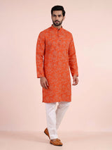Orange cotton silk printed mens kurta pajama