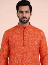 Orange cotton silk printed mens kurta pajama