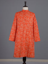 Orange cotton silk printed mens kurta pajama