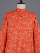 Orange cotton silk printed mens kurta pajama