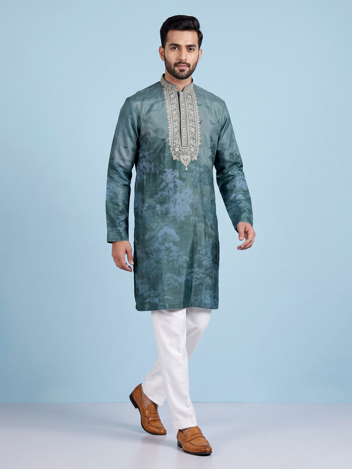 Dark grey art silk printed mens kurta pajama