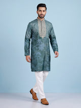 Dark grey art silk printed mens kurta pajama
