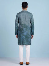 Dark grey art silk printed mens kurta pajama