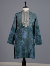 Dark grey art silk printed mens kurta pajama