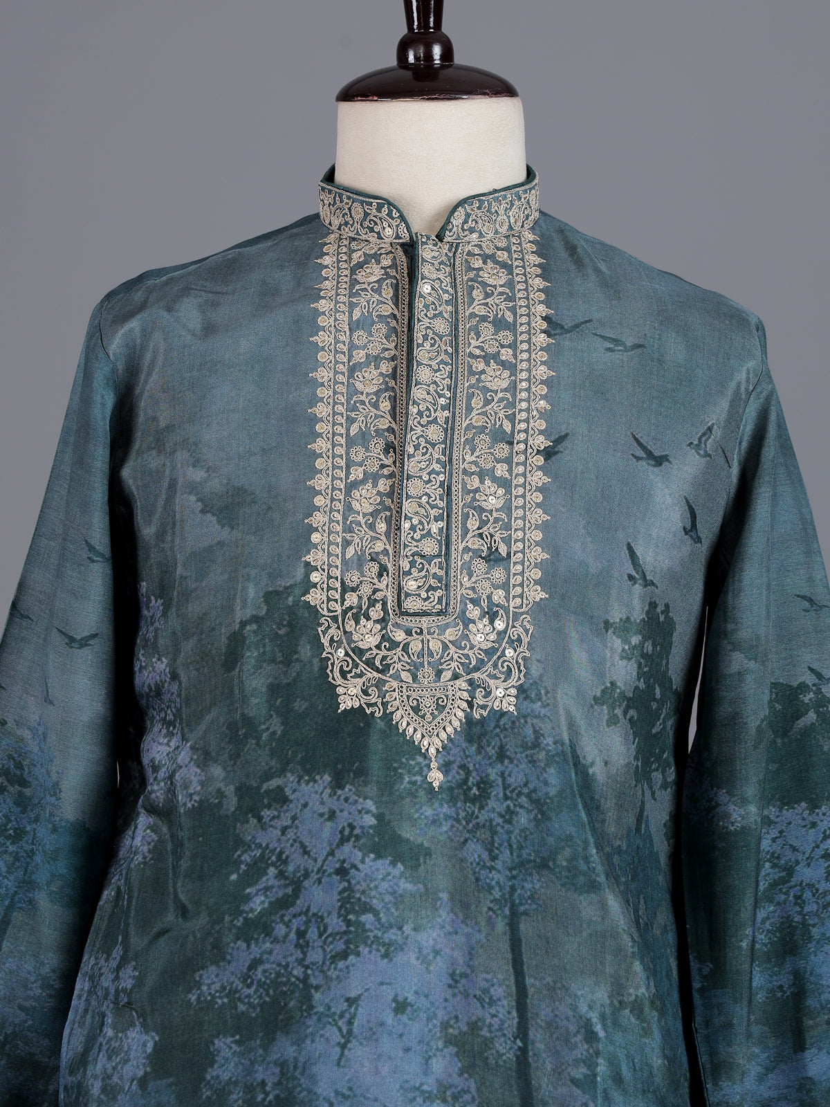 Dark grey art silk printed mens kurta pajama