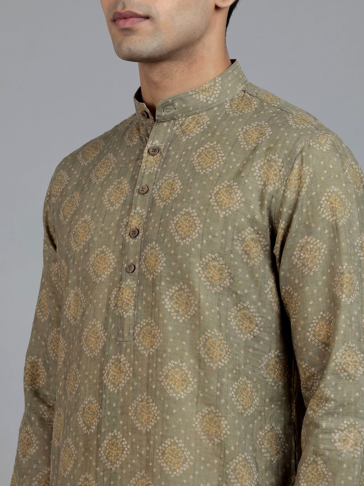 Green cotton silk printed mens kurta pajama