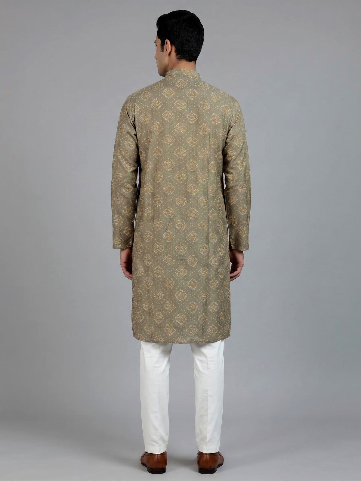 Green cotton silk printed mens kurta pajama