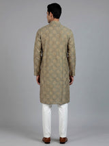 Green cotton silk printed mens kurta pajama