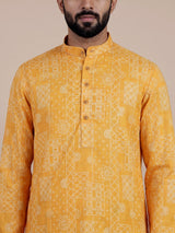 Yellow cotton silk printed mens kurta pajama