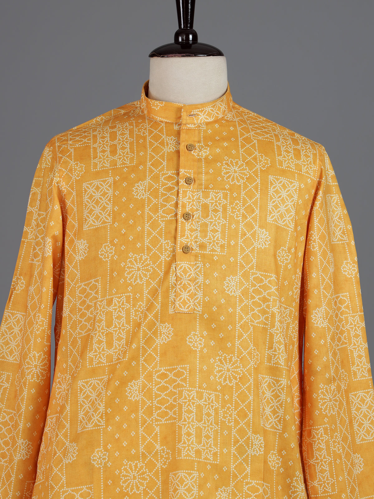 Yellow cotton silk printed mens kurta pajama