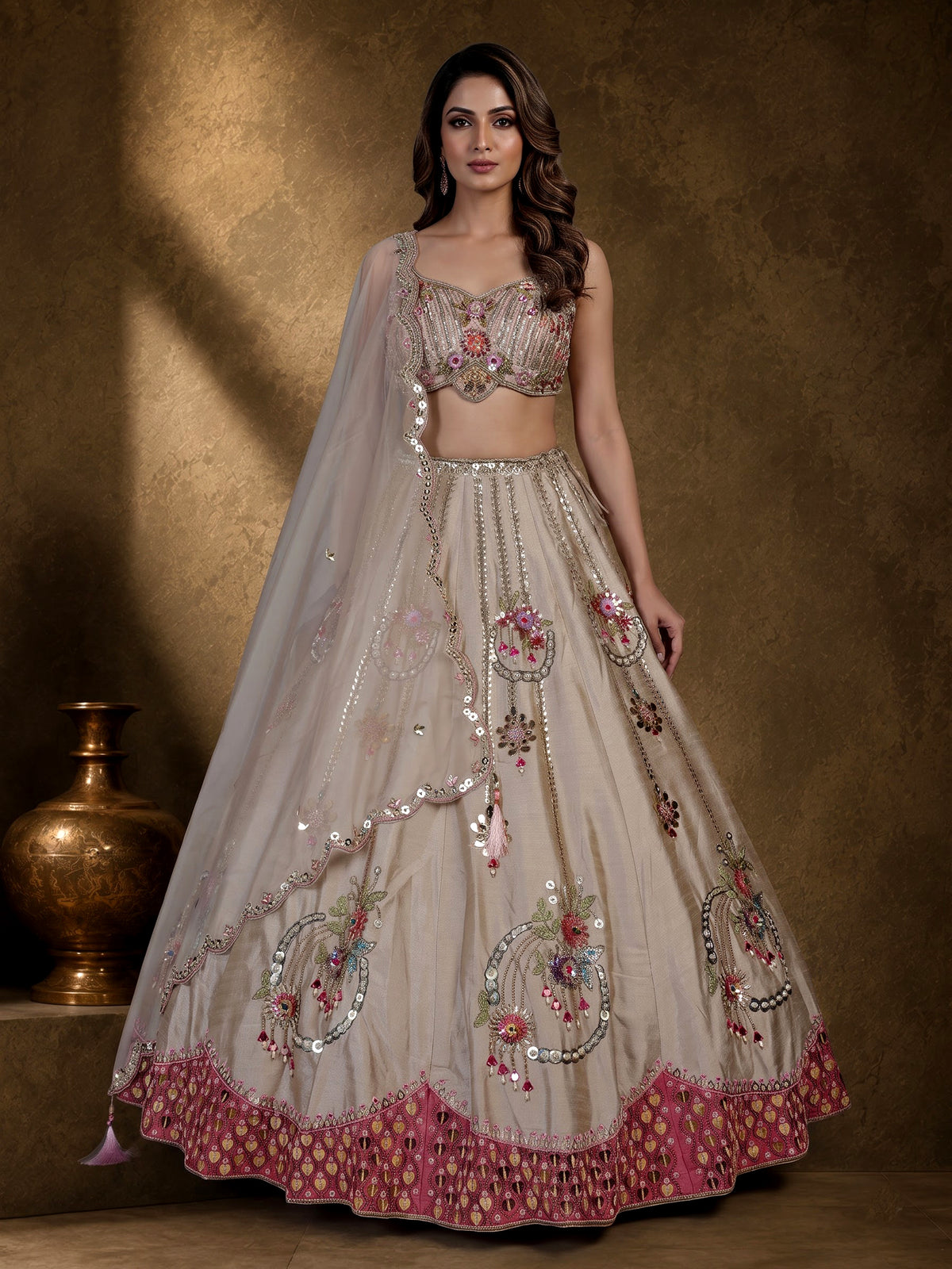 Gold zardosi embellished women’s shimmer silk lehenga choli