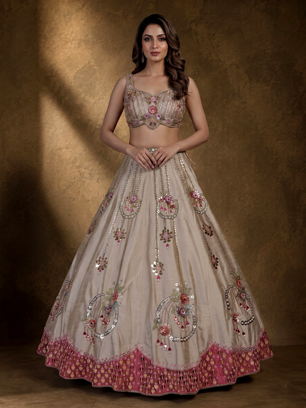 Gold zardosi embellished women’s shimmer silk lehenga choli