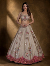 Gold zardosi embellished women’s shimmer silk lehenga choli