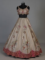 Gold zardosi embellished women’s shimmer silk lehenga choli