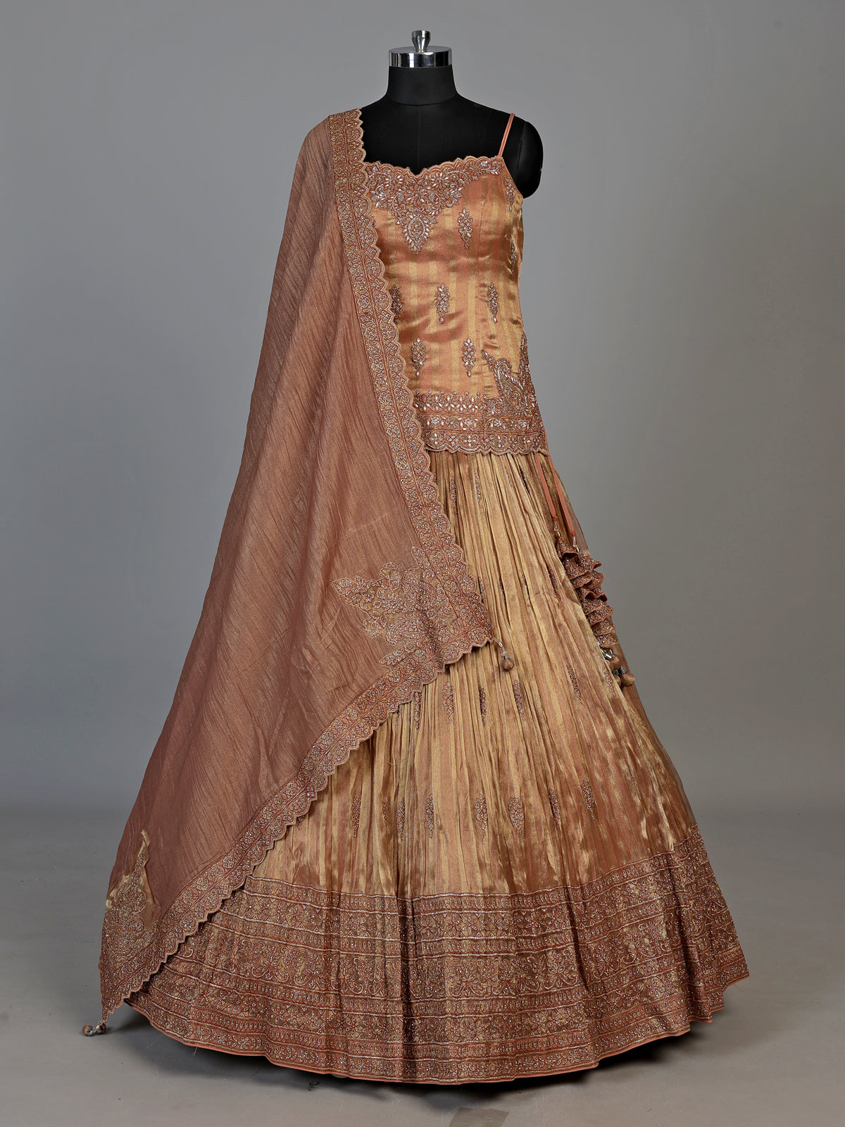 Rust orange zardosi embellished women’s shimmer silk lehenga choli