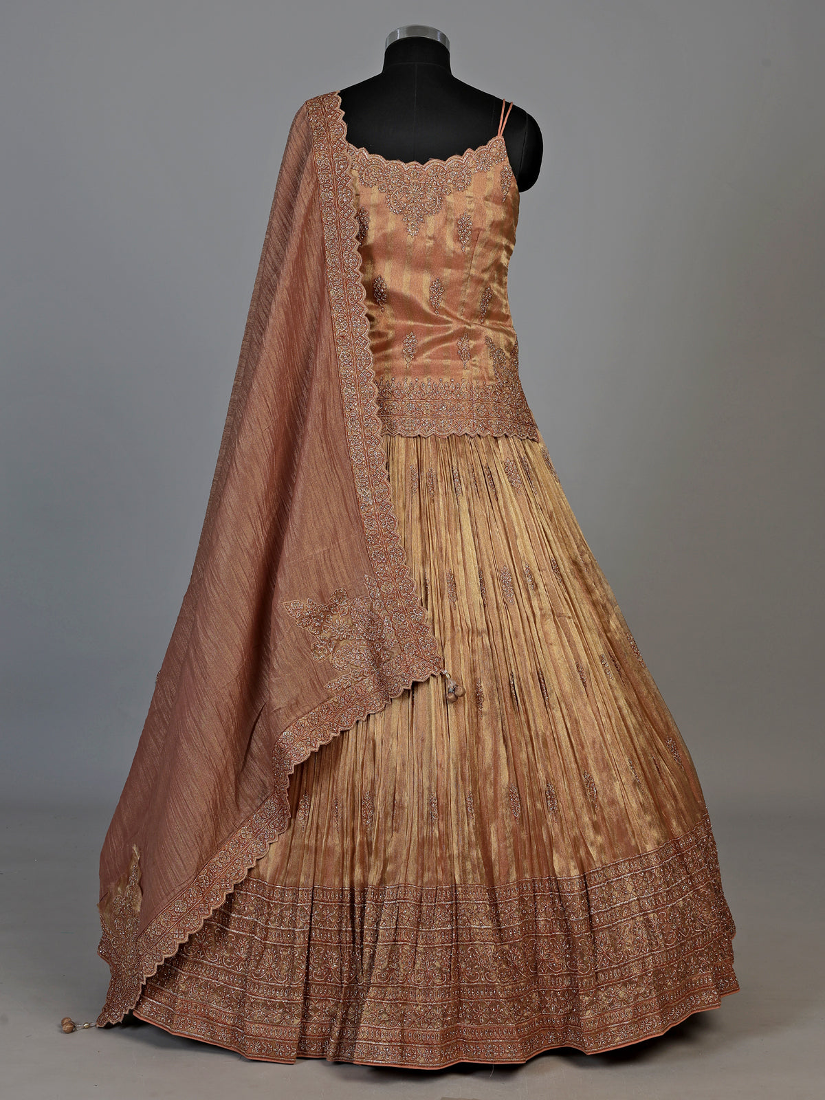 Rust orange zardosi embellished women’s shimmer silk lehenga choli