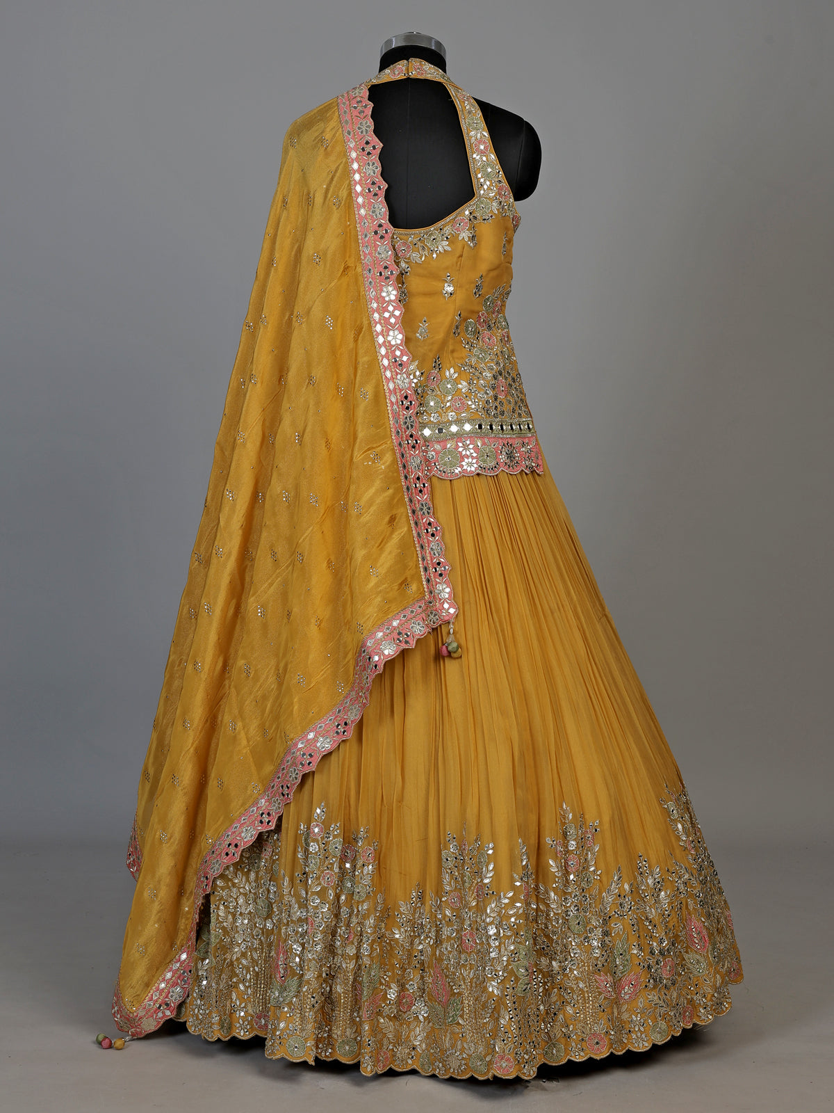 Yellow aabla zari embellished women’s shimmer silk lehenga choli