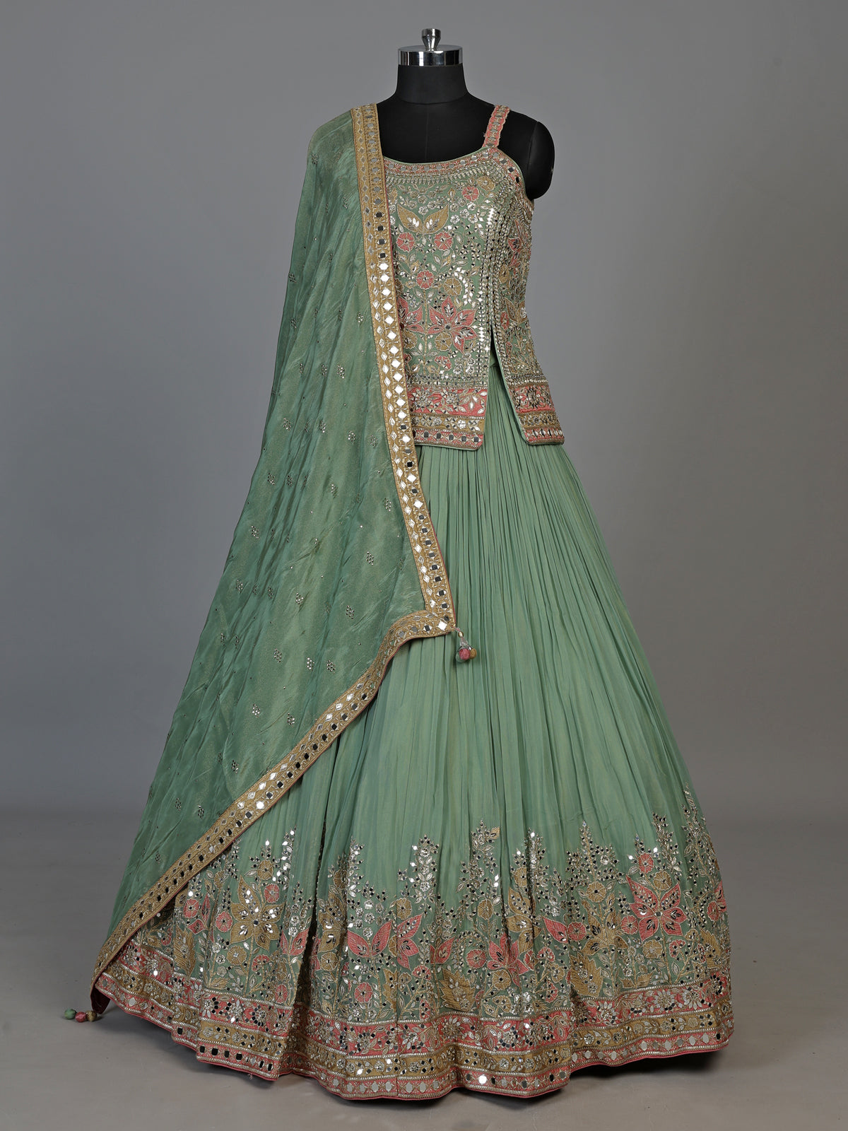 Green aabla zari embellished women’s shimmer silk lehenga choli