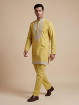 Light yellow cotton linen zardosi mens kurta pajama