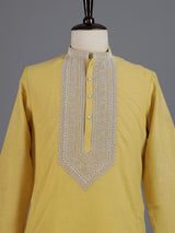 Light yellow cotton linen zardosi mens kurta pajama