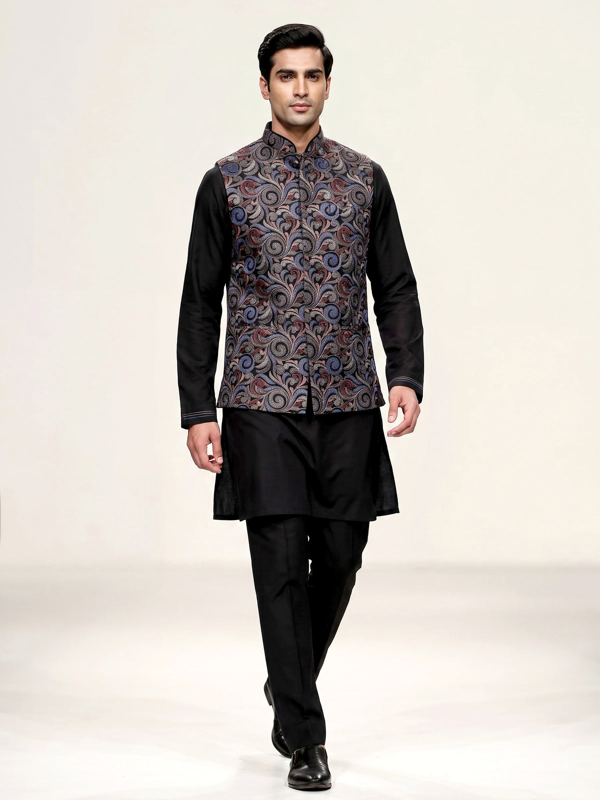 Black resham embellished viscose silk waistcoat set