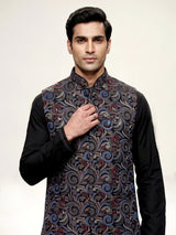 Black resham embellished viscose silk waistcoat set