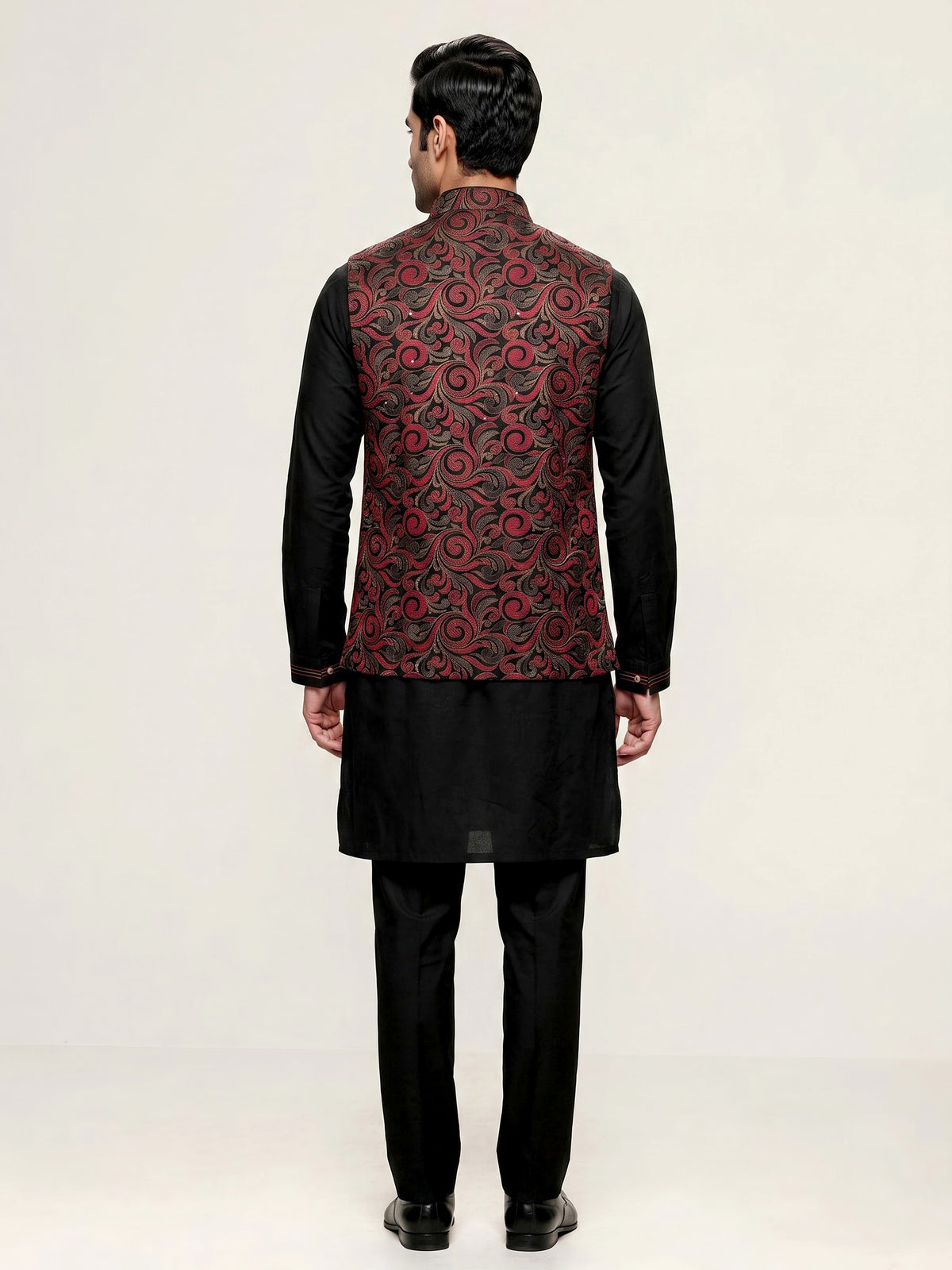 Red resham embellished viscose silk waistcoat set for men