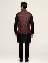 Red resham embellished viscose silk waistcoat set for men