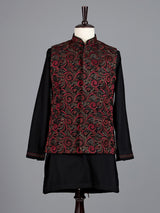 Red resham embellished viscose silk waistcoat set for men