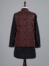 Red resham embellished viscose silk waistcoat set for men