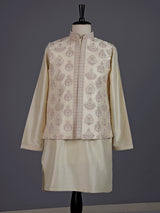 Light yellow resham embellished viscose silk waistcoat set