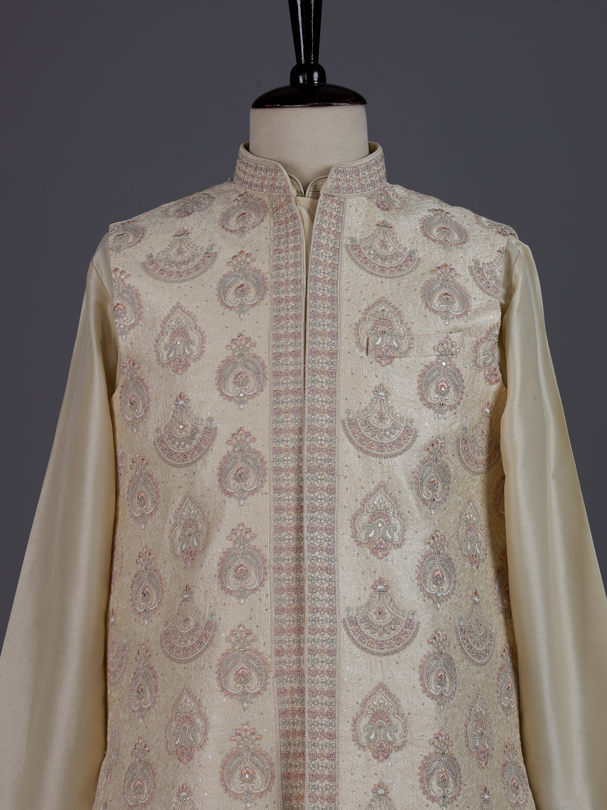 Light yellow resham embellished viscose silk waistcoat set