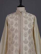 Light yellow resham embellished viscose silk waistcoat set