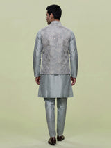 Sea blue thread embroidered viscose silk waistcoat set