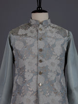 Sea blue thread embroidered viscose silk waistcoat set
