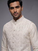 Beige zari embroidered viscose silk waistcoat set