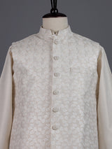 Beige zari embroidered viscose silk waistcoat set