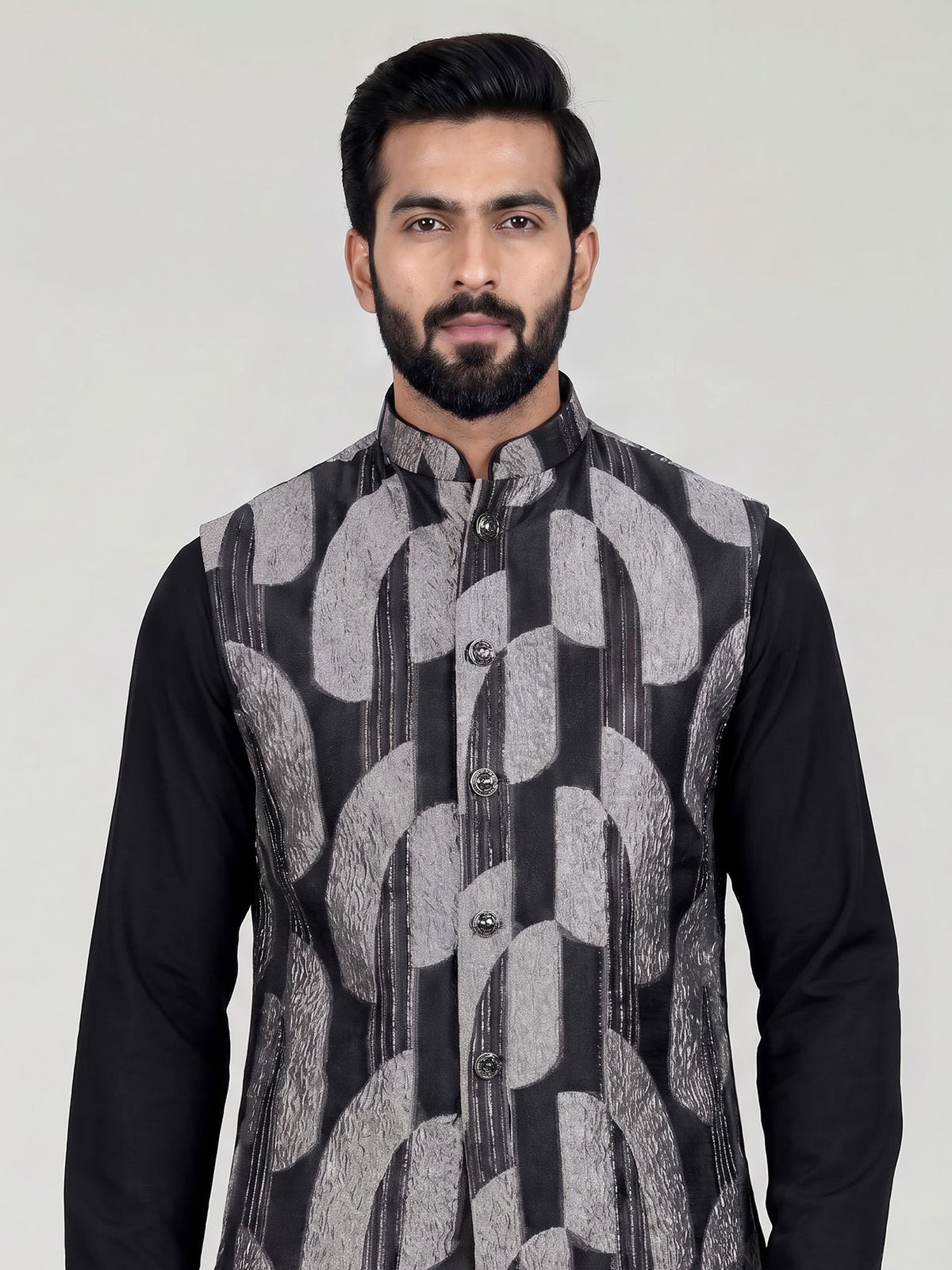Black threadwork viscose silk waistcoat set for men
