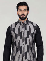 Black threadwork viscose silk waistcoat set for men