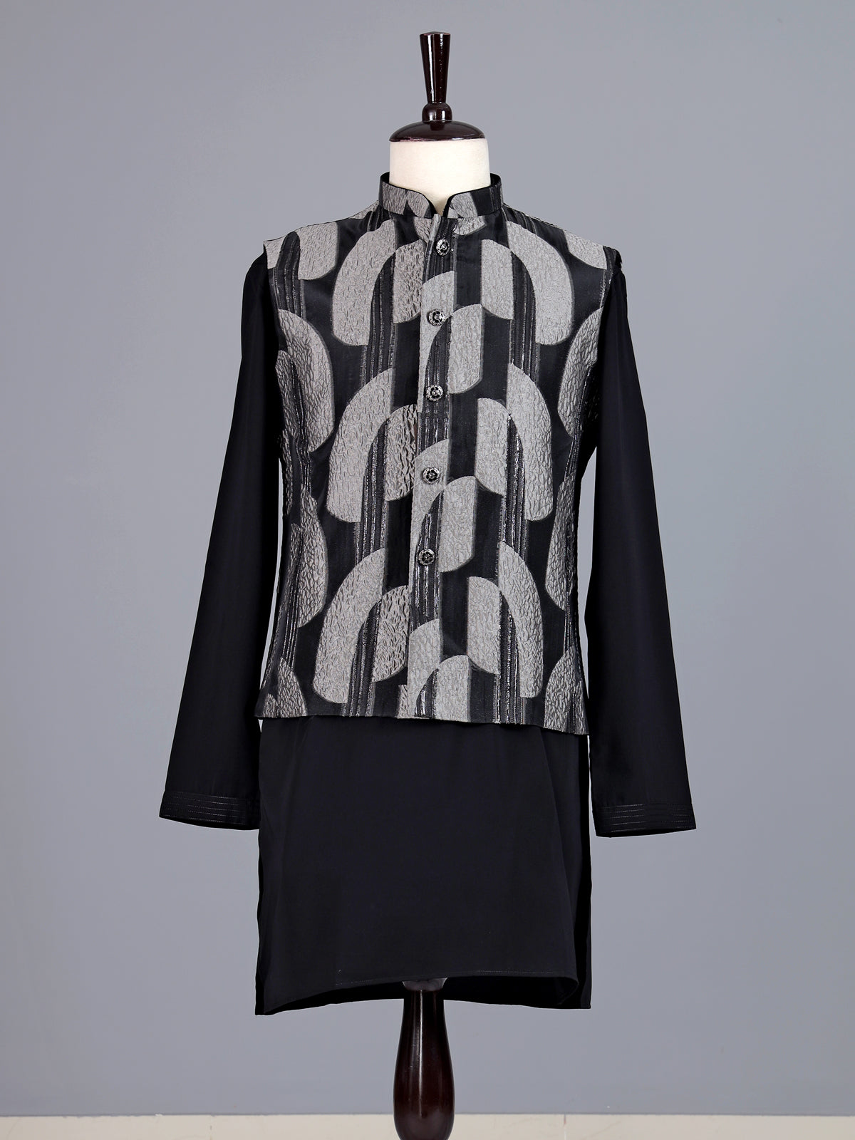 Black threadwork viscose silk waistcoat set for men