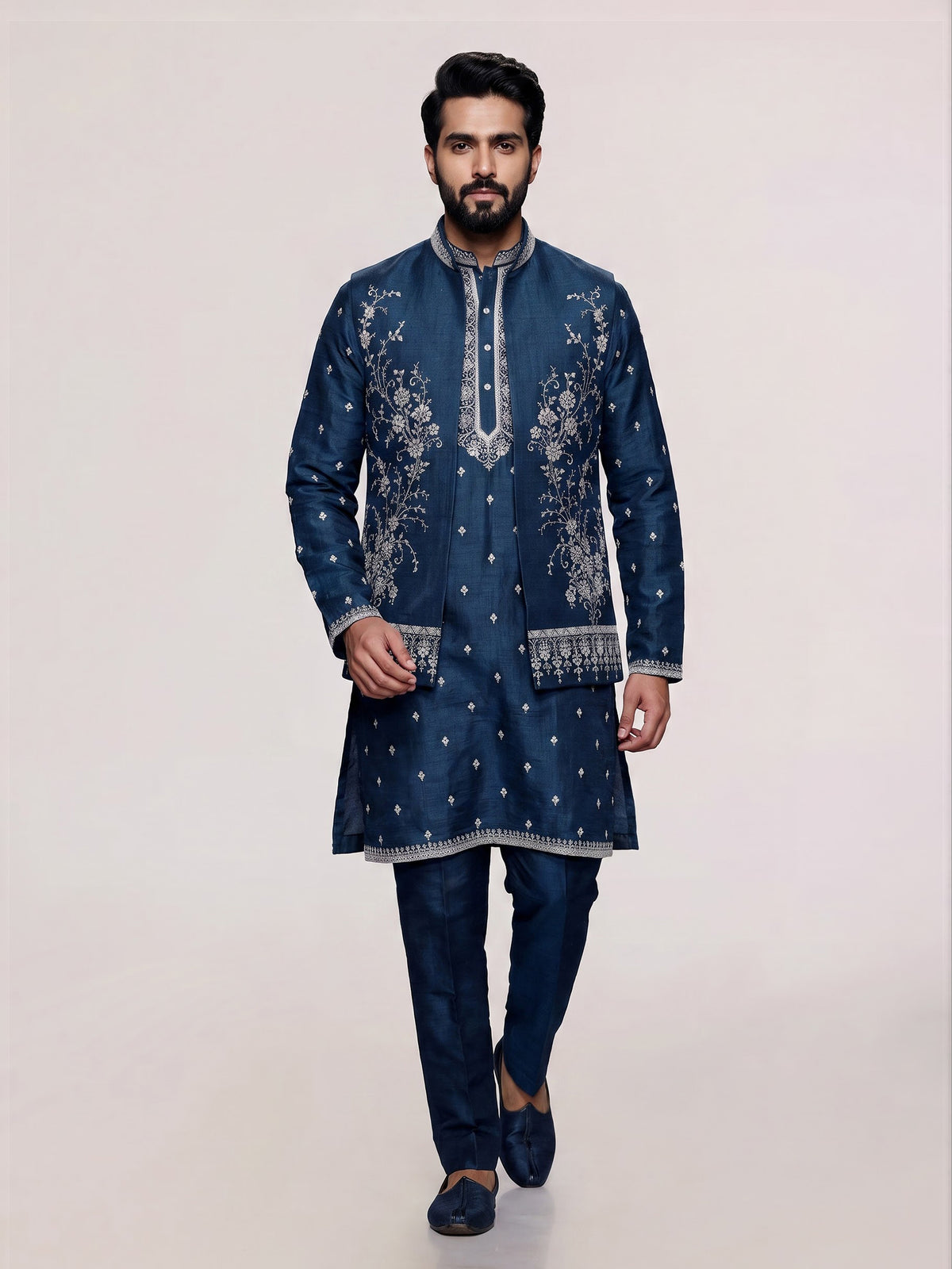 Teal blue embellished silk  waistcoat set