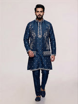 Teal blue embellished silk  waistcoat set