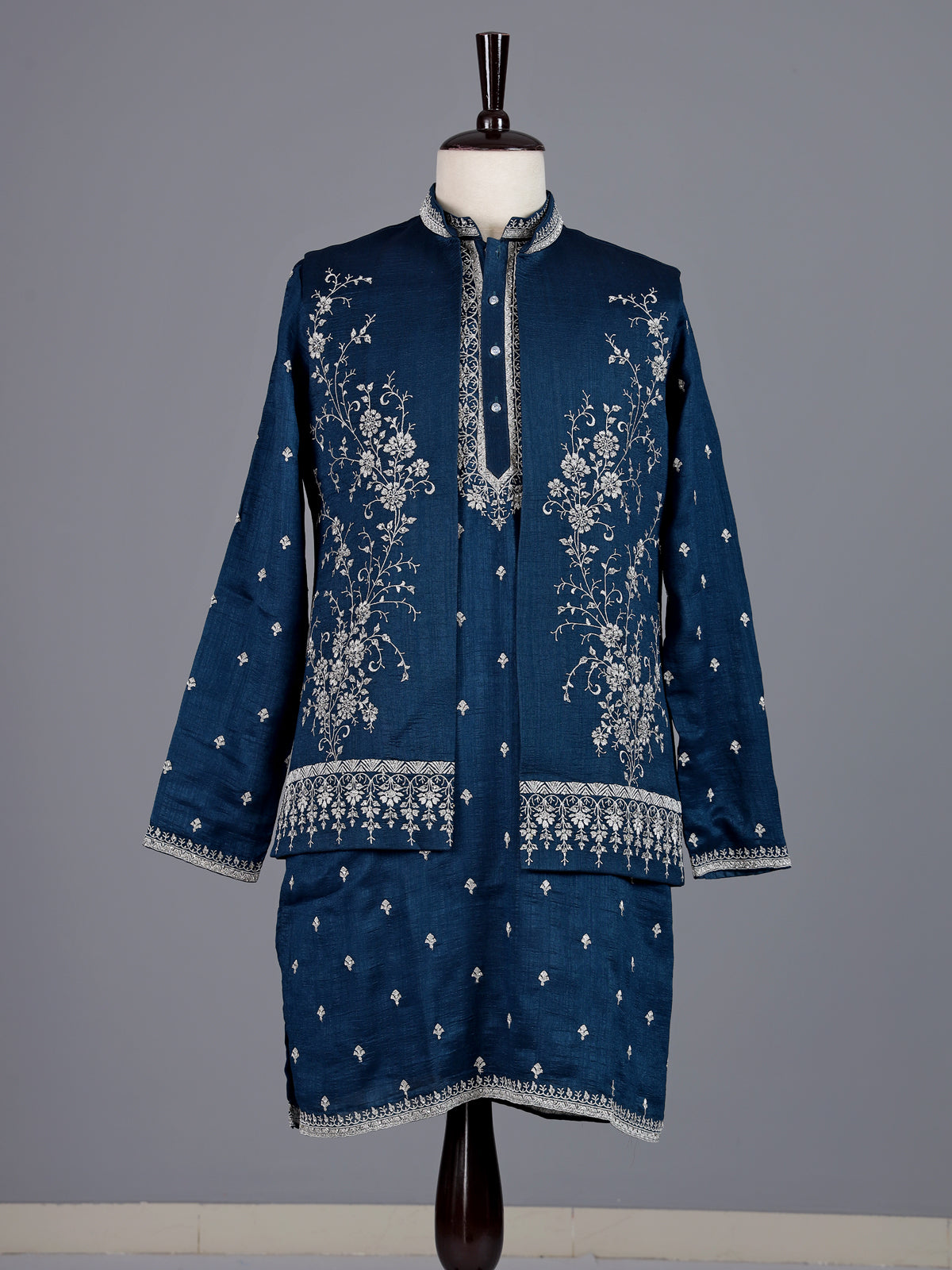 Teal blue embellished silk  waistcoat set