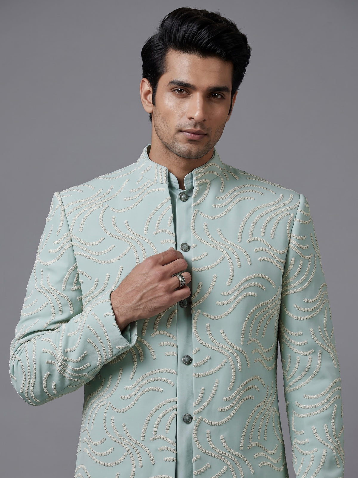 Powder mint blue embellished mens indo western bandhgala jacket